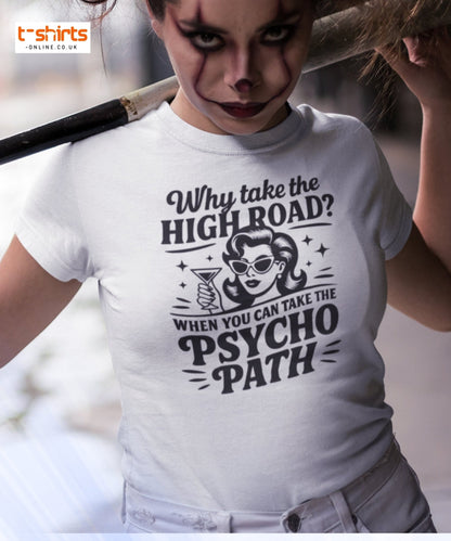 Person wearing a white t-shirt with a humorous graphic and text.
