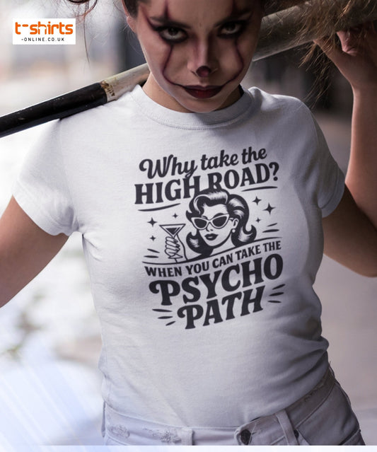Person wearing a white t-shirt with a humorous graphic and text.