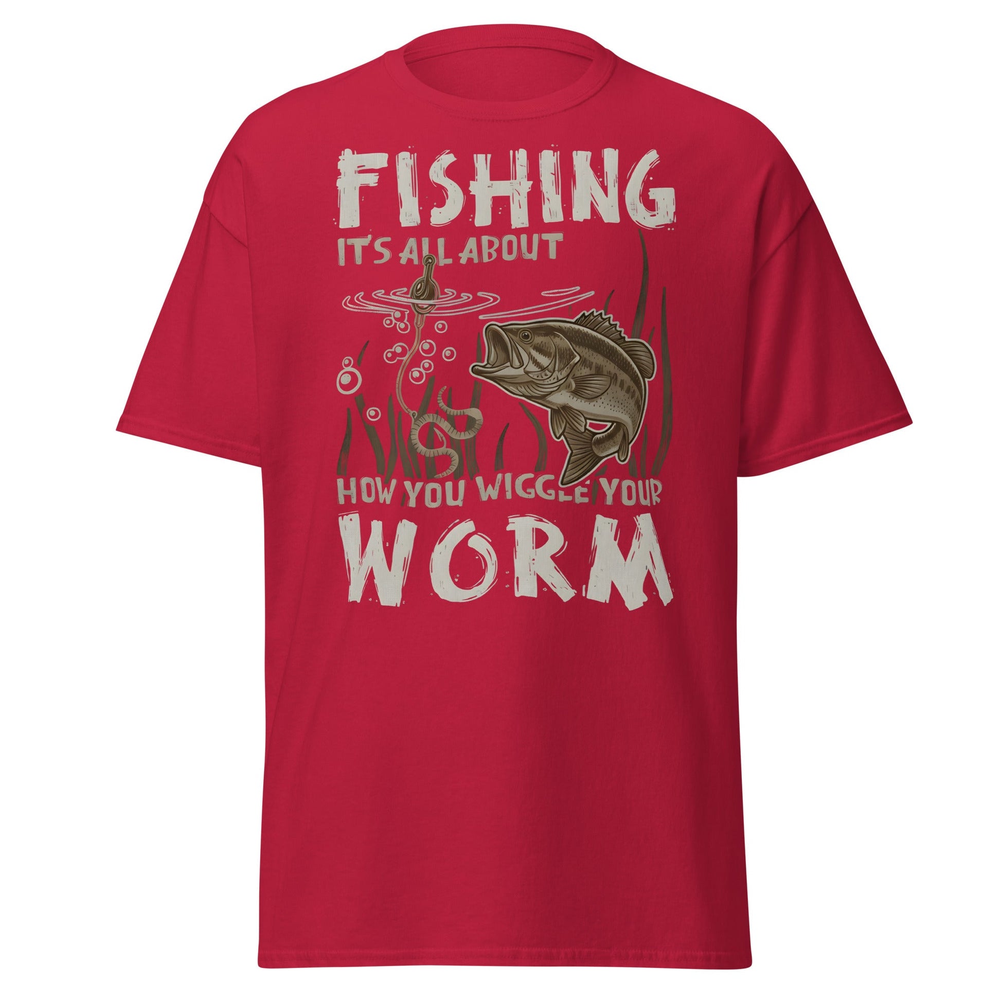 Wiggle Your Worm Fishing T-Shirt - Funny Bass Angler Tee - Cardinal - T-Shirts Online