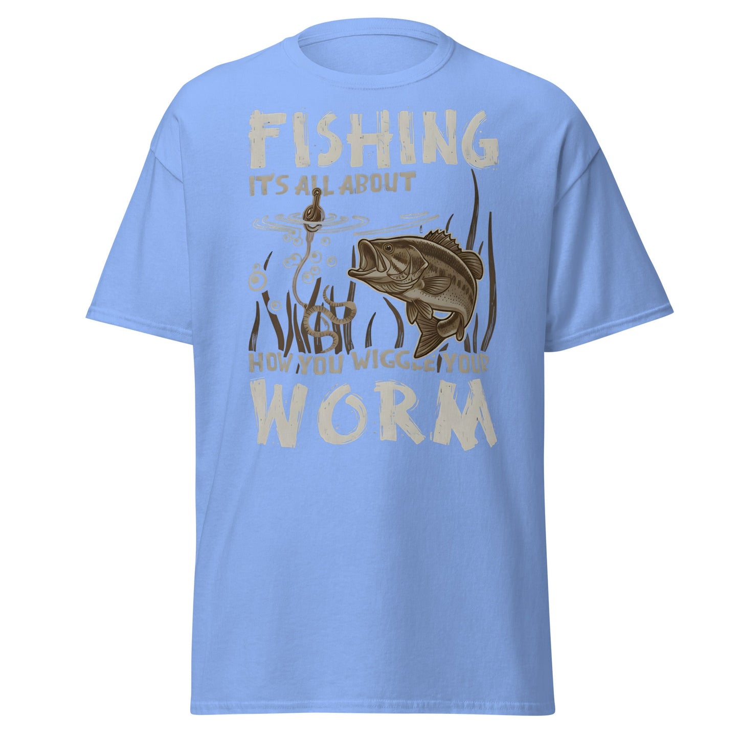 Wiggle Your Worm Fishing T-Shirt - Funny Bass Angler Tee - Carolina Blue - T-Shirts Online