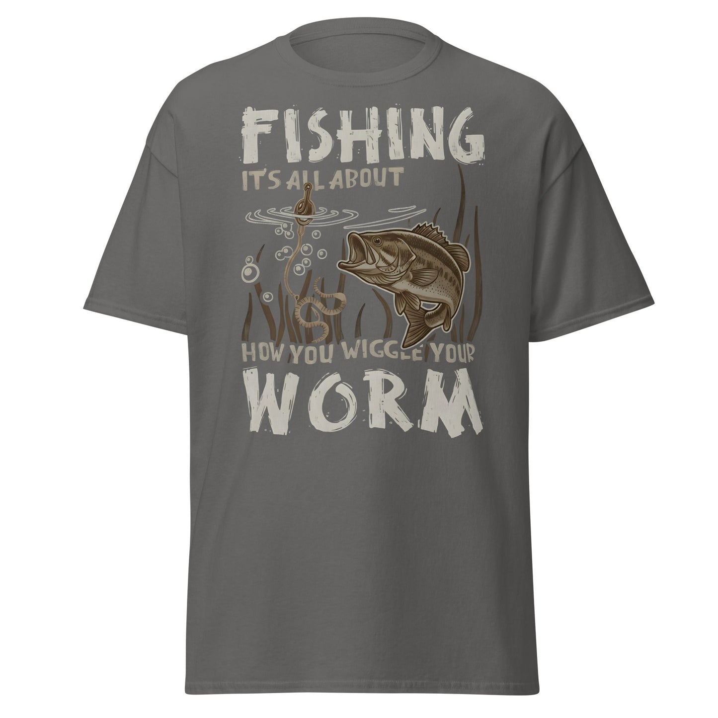 Wiggle Your Worm Fishing T-Shirt - Funny Bass Angler Tee - Charcoal - T-Shirts Online