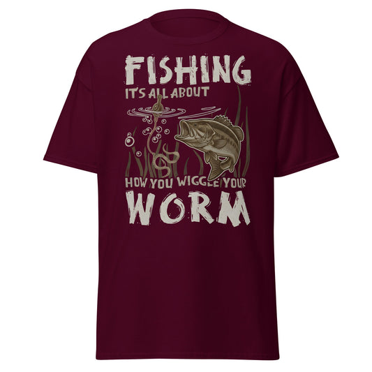Wiggle Your Worm Fishing T-Shirt - Funny Bass Angler Tee - Maroon - T-Shirts Online