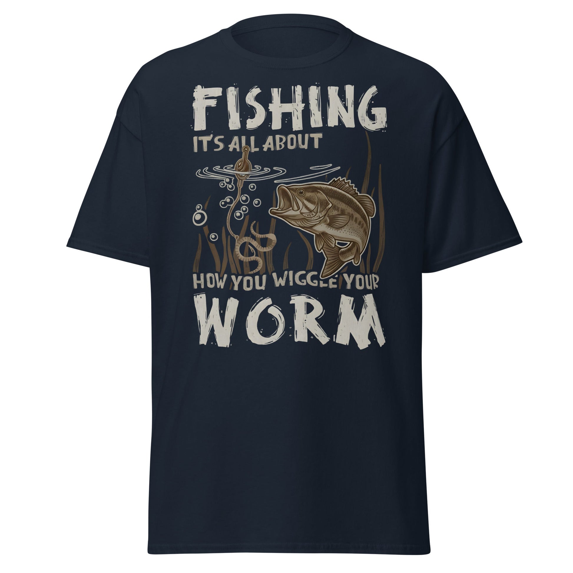 Wiggle Your Worm Fishing T-Shirt - Funny Bass Angler Tee - Navy - T-Shirts Online