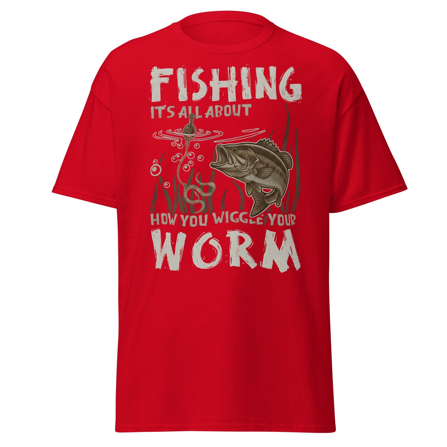 Wiggle Your Worm Fishing T-Shirt - Funny Bass Angler Tee - Red - T-Shirts Online