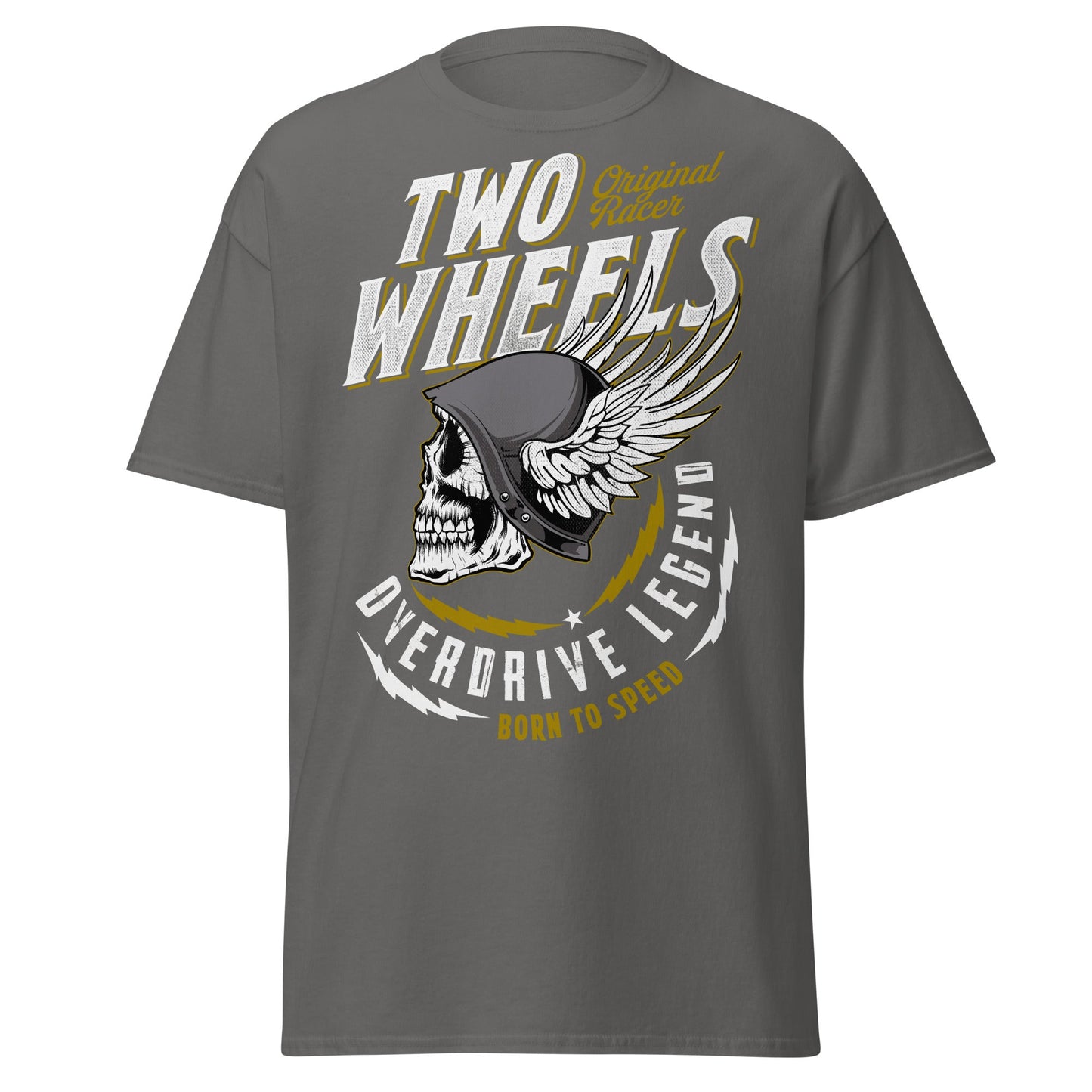 Winged Skull Biker T-Shirt - Two Wheels Racer Legend - Charcoal - T-Shirts Online