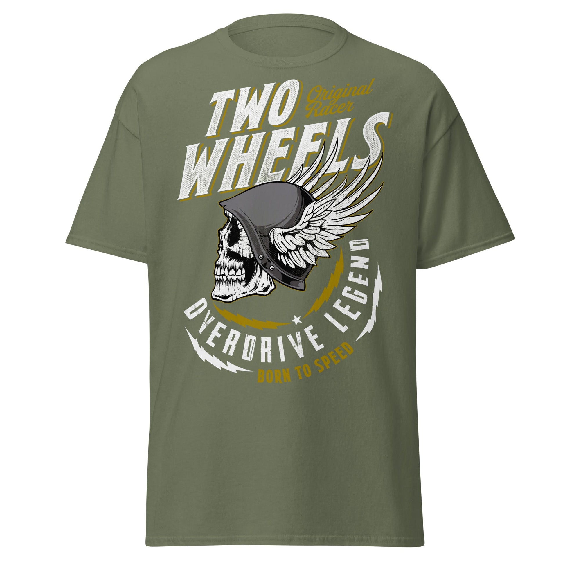Winged Skull Biker T-Shirt - Two Wheels Racer Legend - Military Green - T-Shirts Online