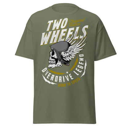 Winged Skull Biker T-Shirt - Two Wheels Racer Legend - Military Green - T-Shirts Online