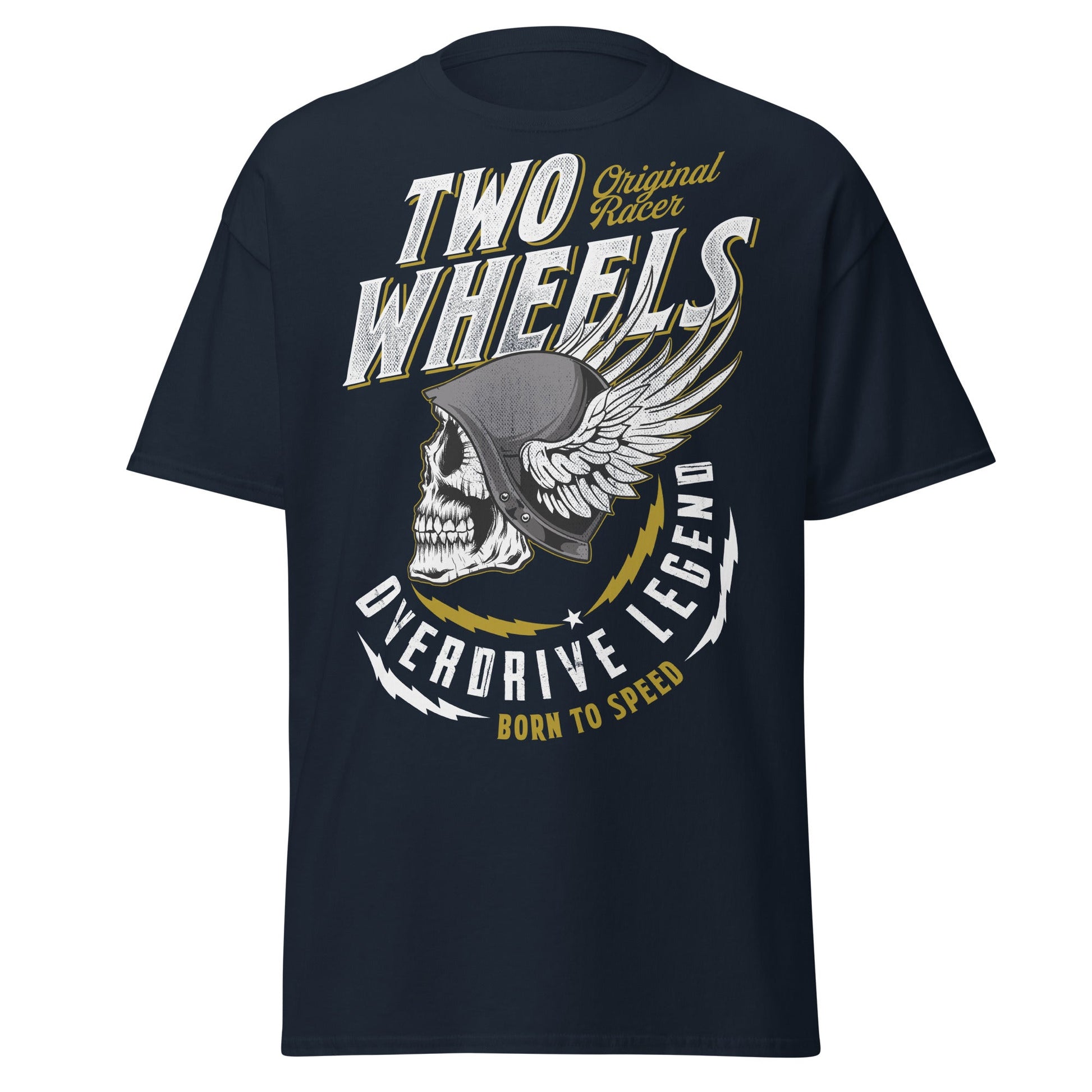 Winged Skull Biker T-Shirt - Two Wheels Racer Legend - Navy - T-Shirts Online