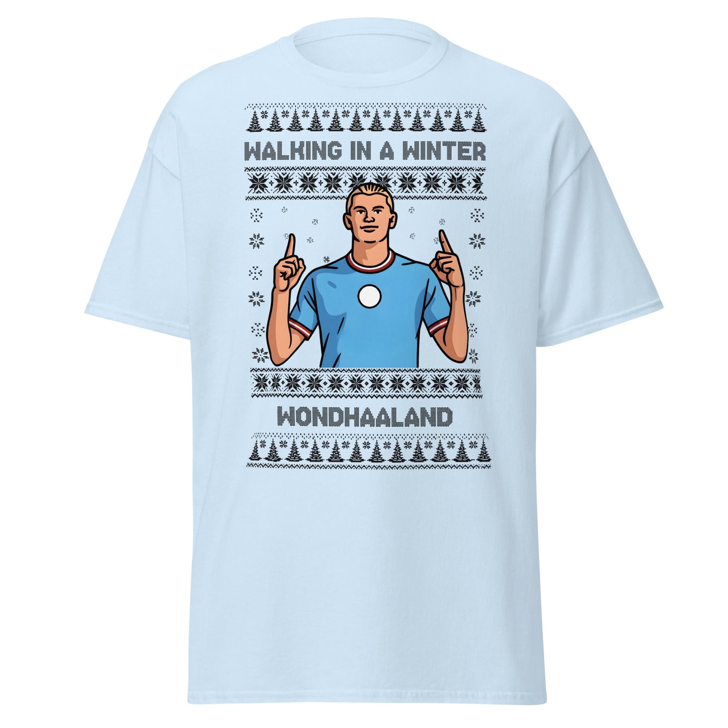 Winter Wondhaaland T-Shirt | Haaland Christmas Football Tee - Light Blue - T-Shirts Online