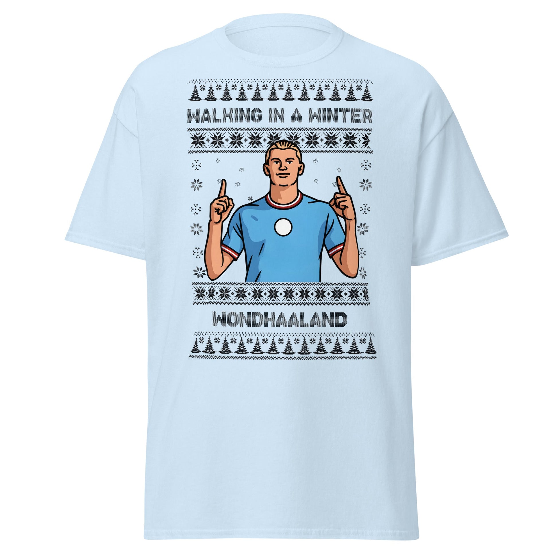Winter Wondhaaland T-Shirt | Haaland Christmas Football Tee - Light Blue - T-Shirts Online