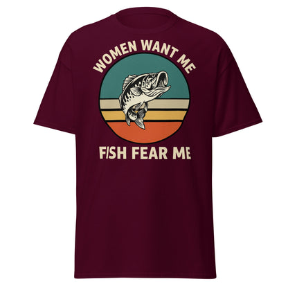 Women Want Me Fish Fear Me T-Shirt - Retro Fishing Tee - Maroon - T-Shirts Online