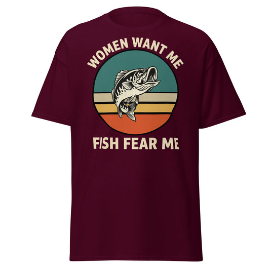 Women Want Me Fish Fear Me T-Shirt - Retro Fishing Tee - Maroon - T-Shirts Online