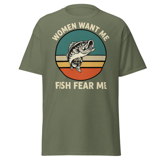 Women Want Me Fish Fear Me T-Shirt - Retro Fishing Tee - Military Green - T-Shirts Online