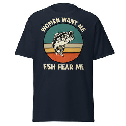 Women Want Me Fish Fear Me T-Shirt - Retro Fishing Tee - Navy - T-Shirts Online