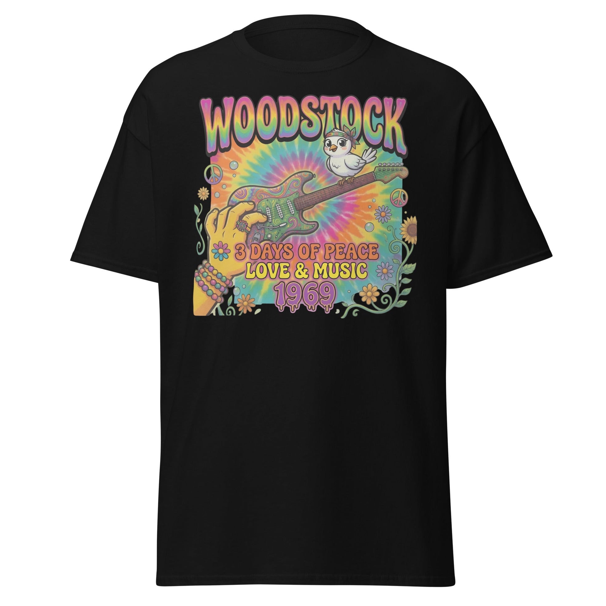 Woodstock 1969 T-Shirt - Psychedelic Bird Guitar Festival Tee - Black - T-Shirts Online