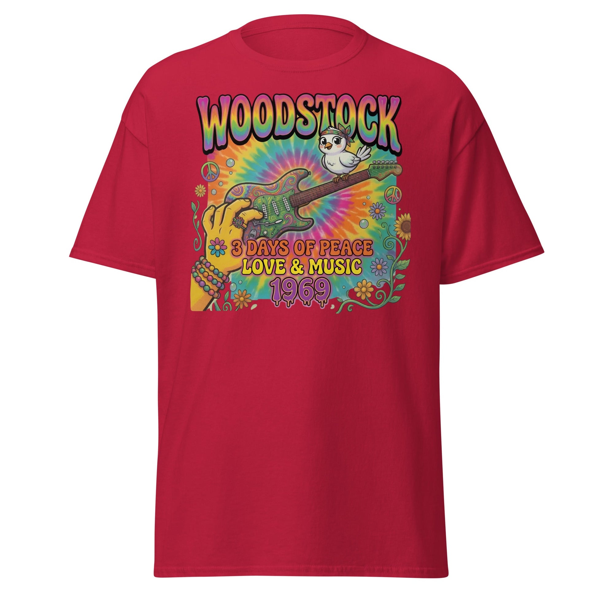 Woodstock 1969 T-Shirt - Psychedelic Bird Guitar Festival Tee - Cardinal - T-Shirts Online