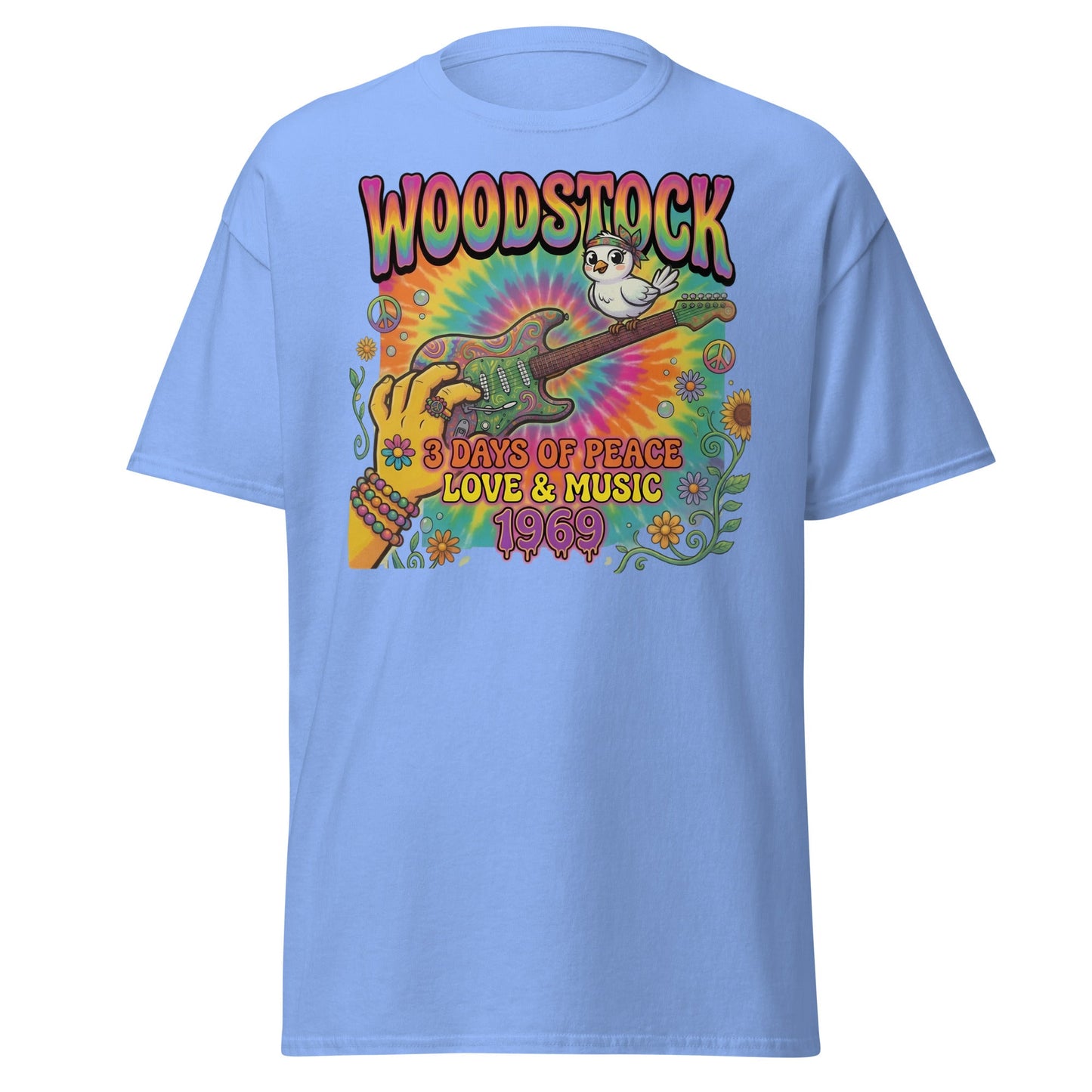Woodstock 1969 T-Shirt - Psychedelic Bird Guitar Festival Tee - Carolina Blue - T-Shirts Online