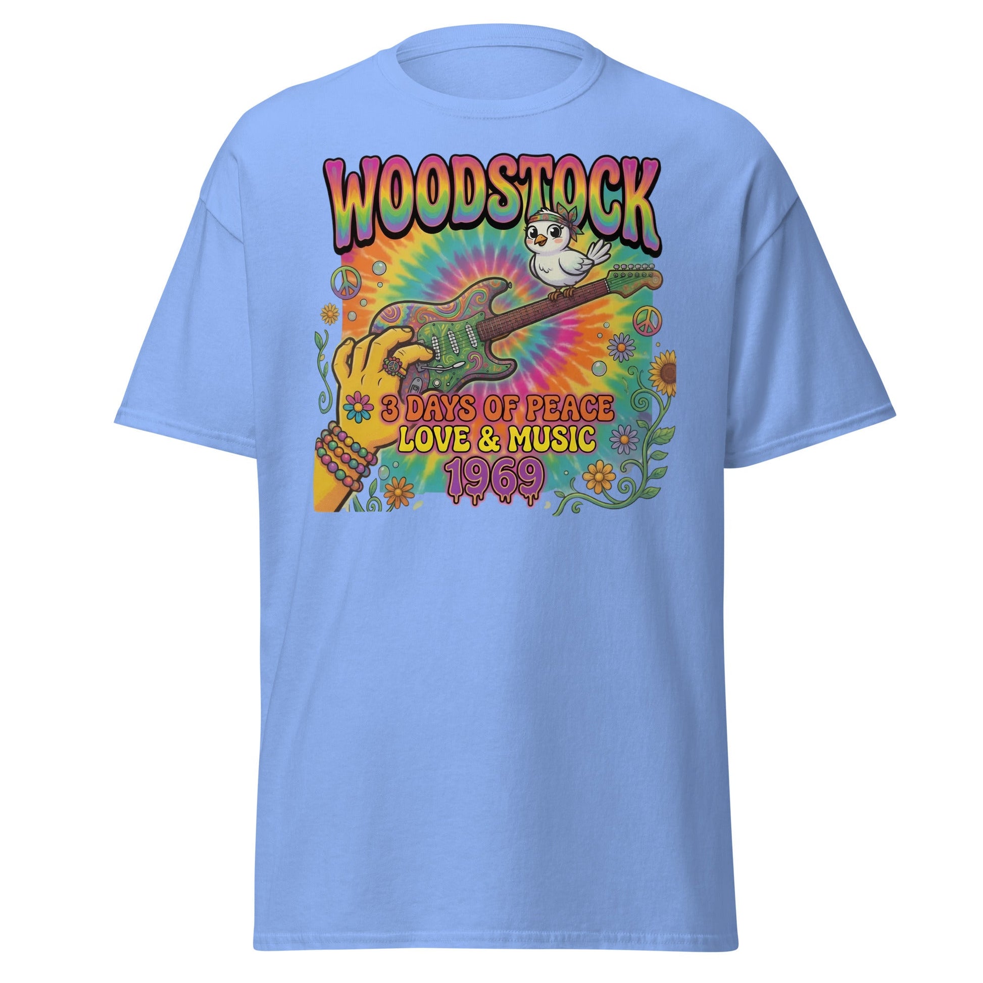 Woodstock 1969 T-Shirt - Psychedelic Bird Guitar Festival Tee - Carolina Blue - T-Shirts Online