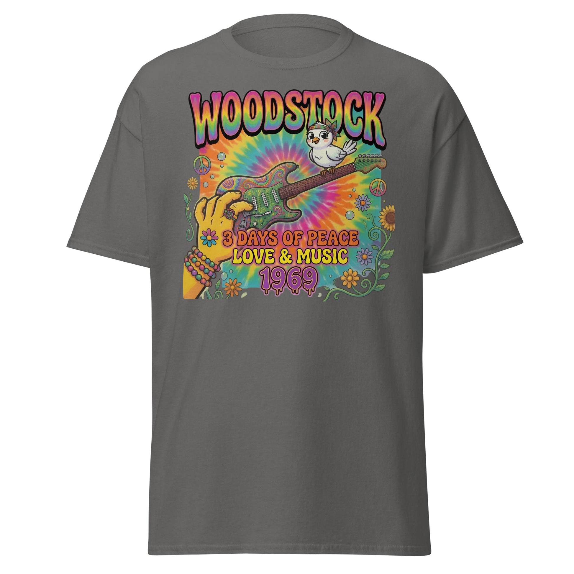 Woodstock 1969 T-Shirt - Psychedelic Bird Guitar Festival Tee - Charcoal - T-Shirts Online