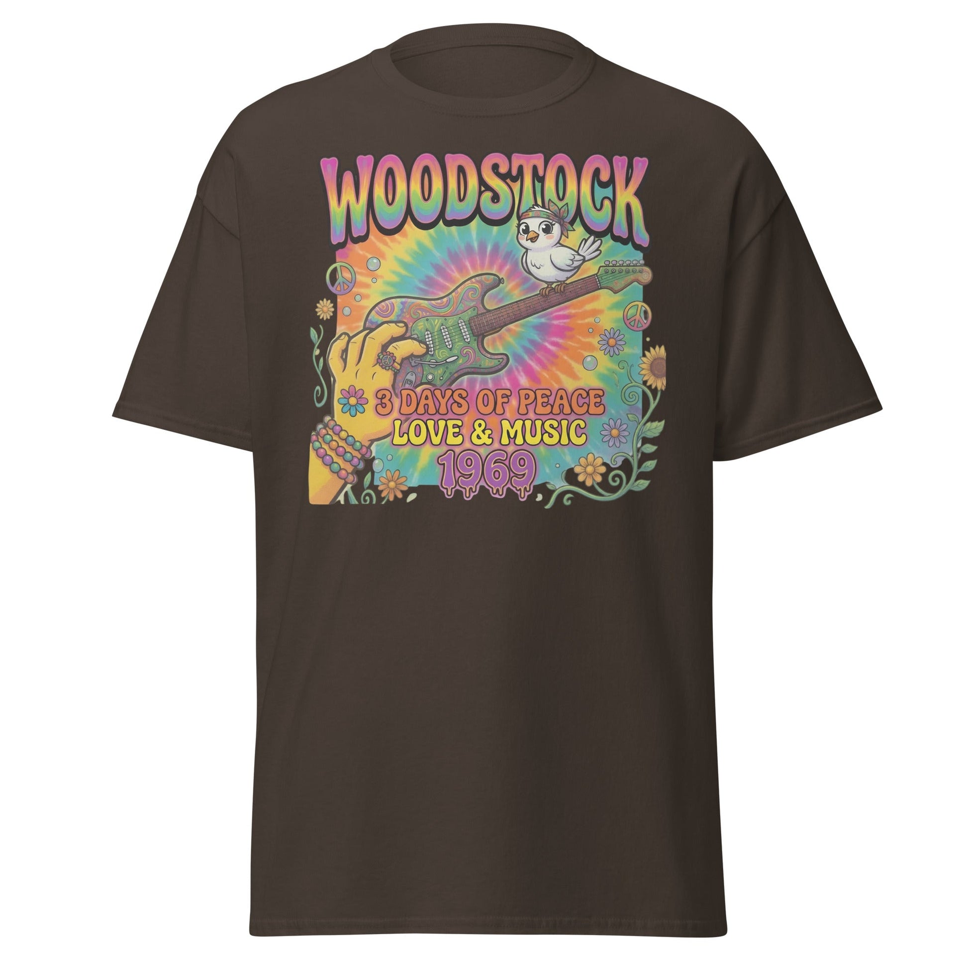 Woodstock 1969 T-Shirt - Psychedelic Bird Guitar Festival Tee - Dark Chocolate - T-Shirts Online