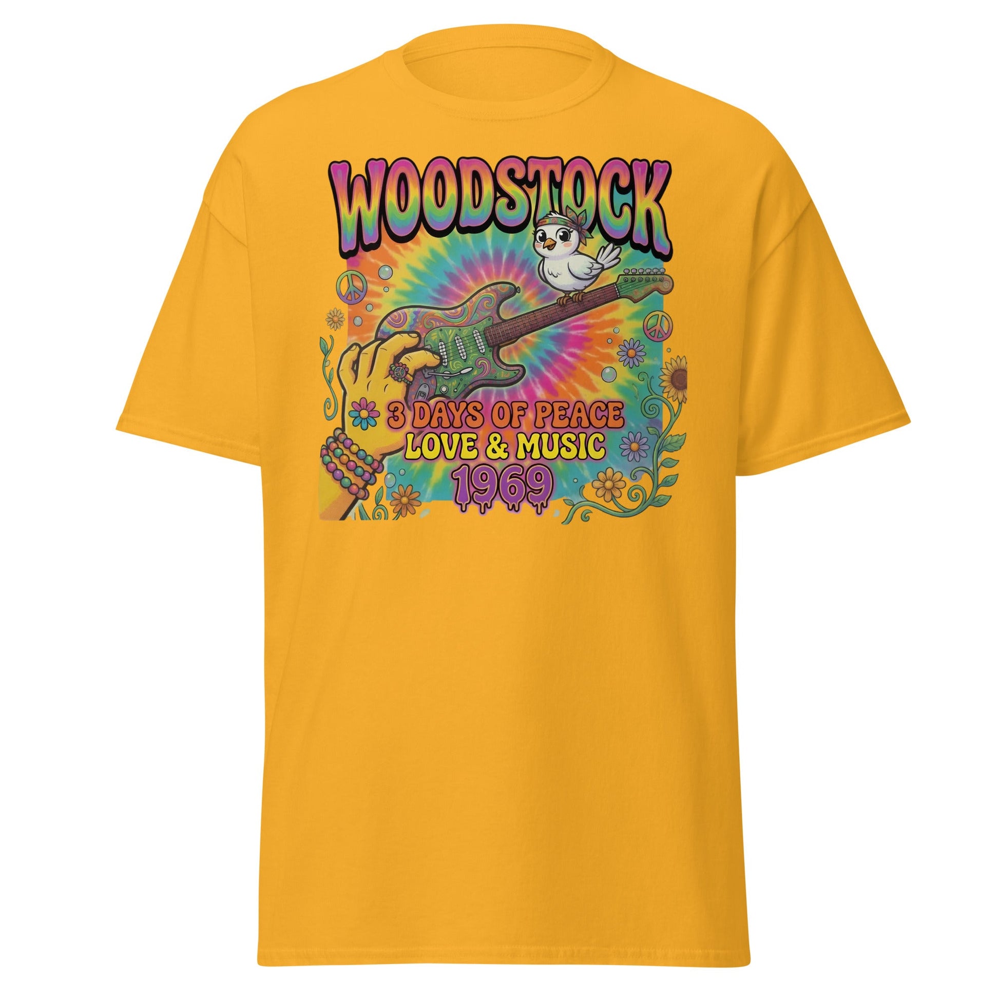 Woodstock 1969 T-Shirt - Psychedelic Bird Guitar Festival Tee - Gold - T-Shirts Online