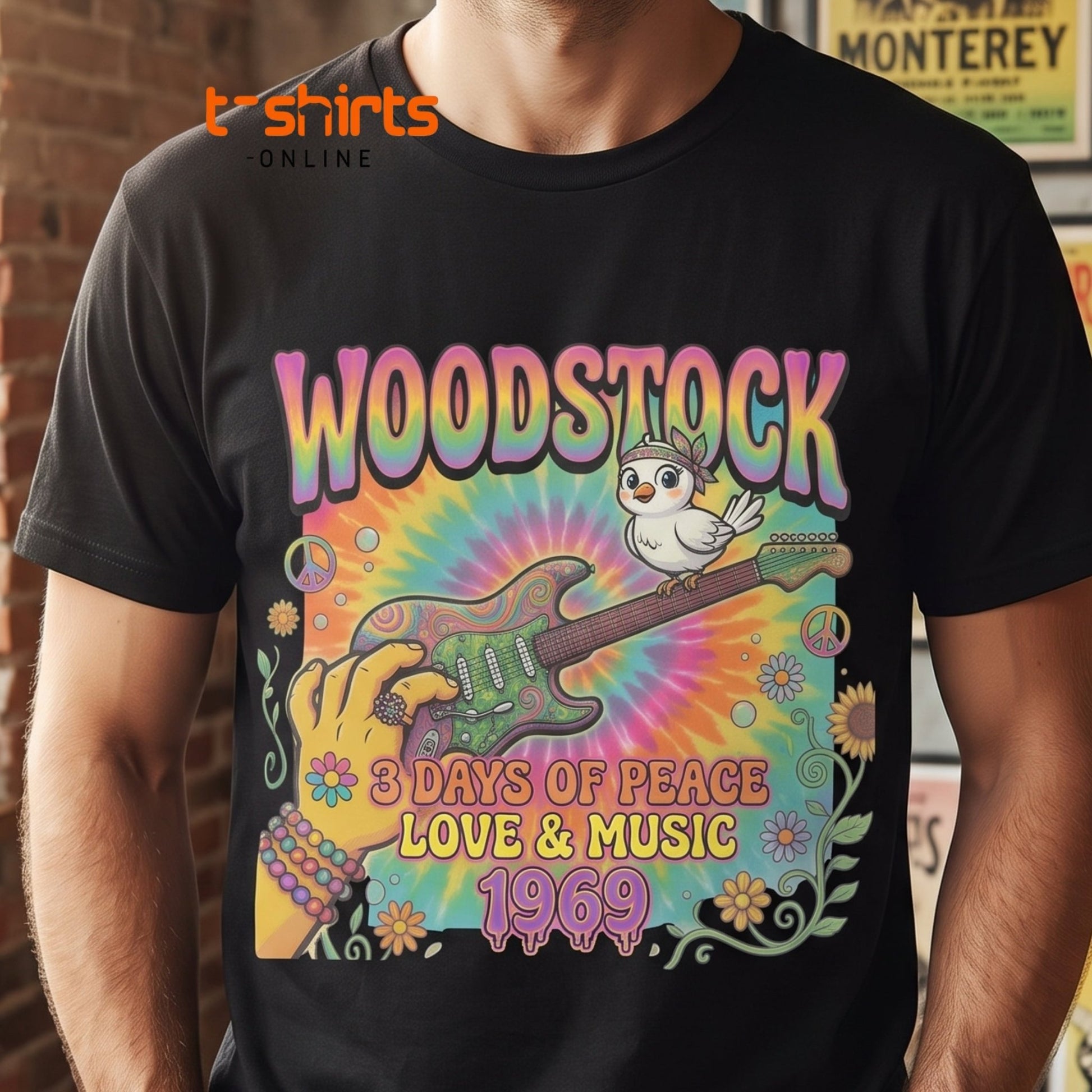 Woodstock 1969 T-Shirt - Psychedelic Bird Guitar Festival Tee - Maroon - T-Shirts Online