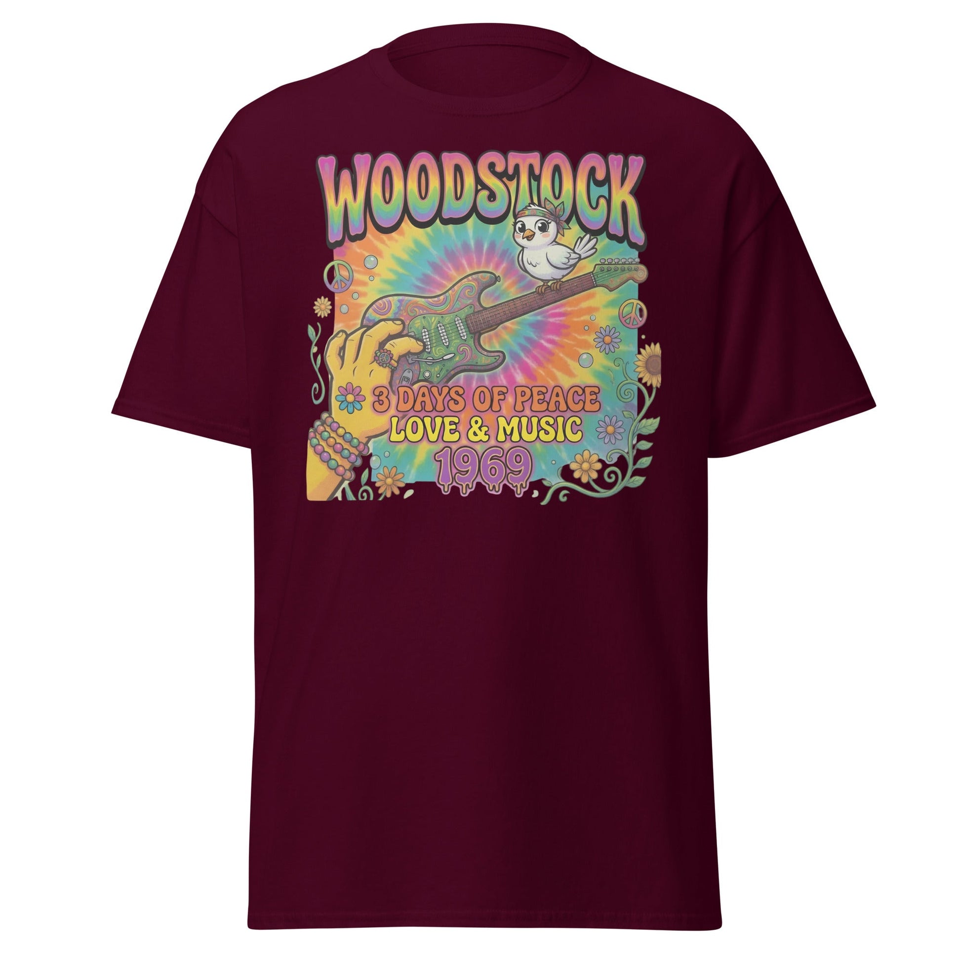 Woodstock 1969 T-Shirt - Psychedelic Bird Guitar Festival Tee - Maroon - T-Shirts Online