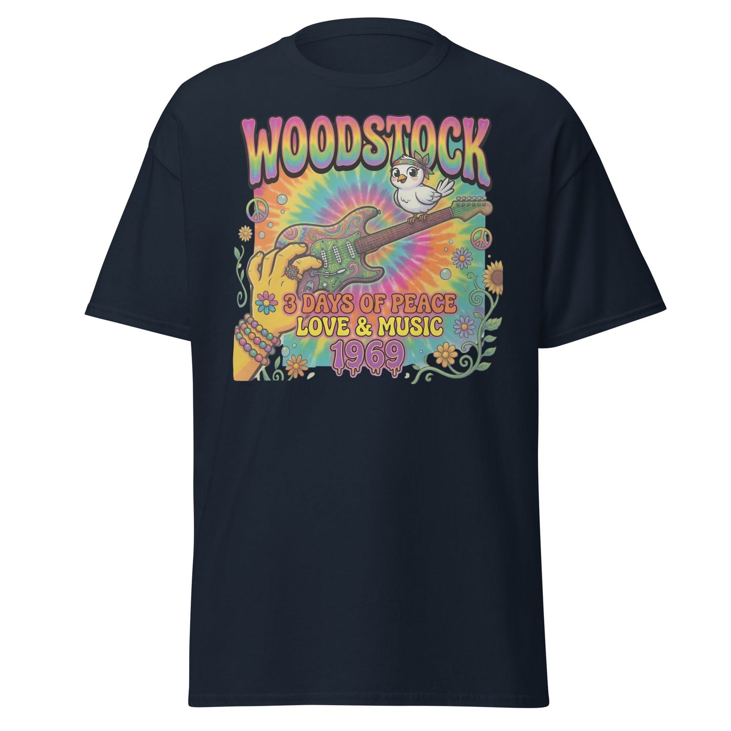 Woodstock 1969 T-Shirt - Psychedelic Bird Guitar Festival Tee - Navy - T-Shirts Online