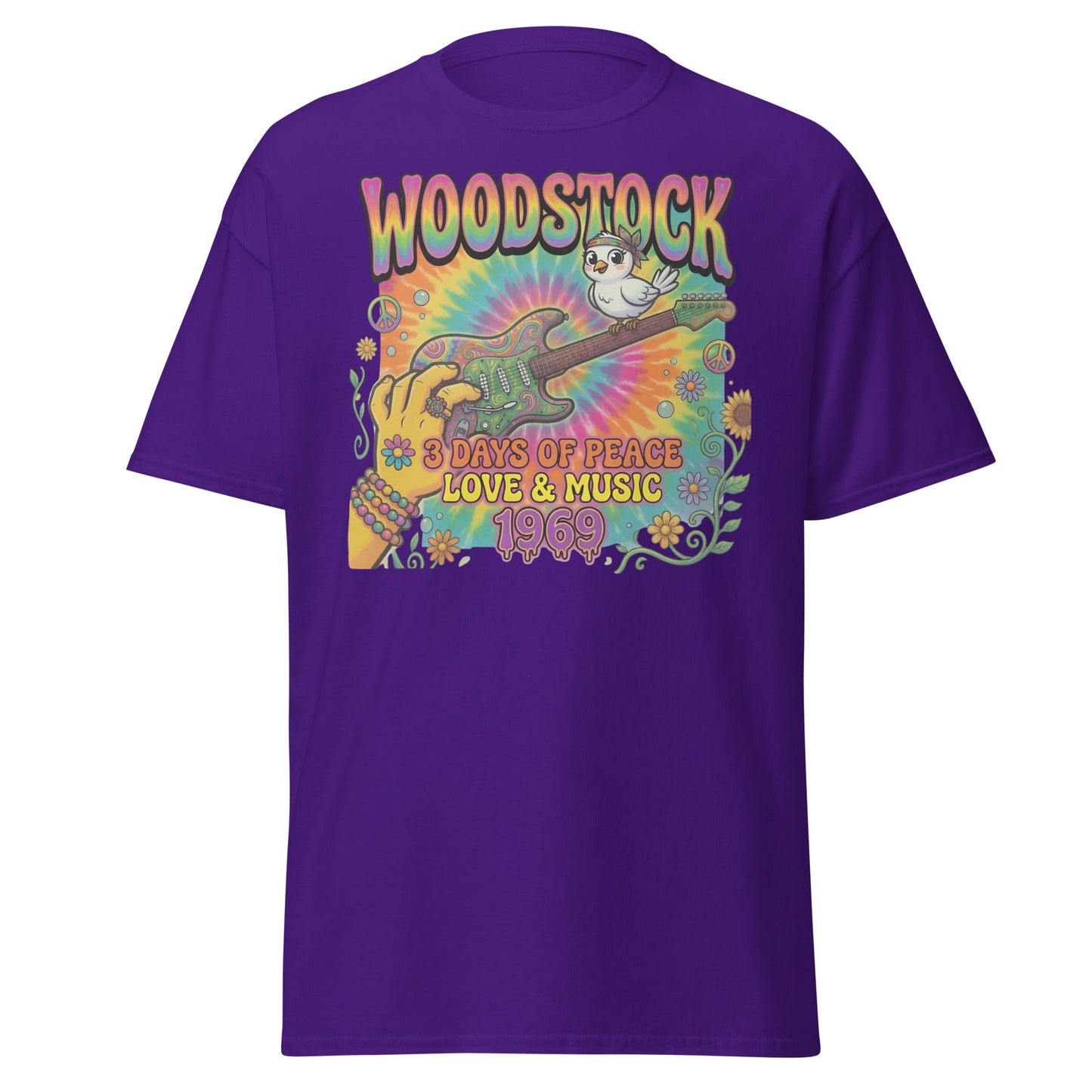 Woodstock 1969 T-Shirt - Psychedelic Bird Guitar Festival Tee - Purple - T-Shirts Online