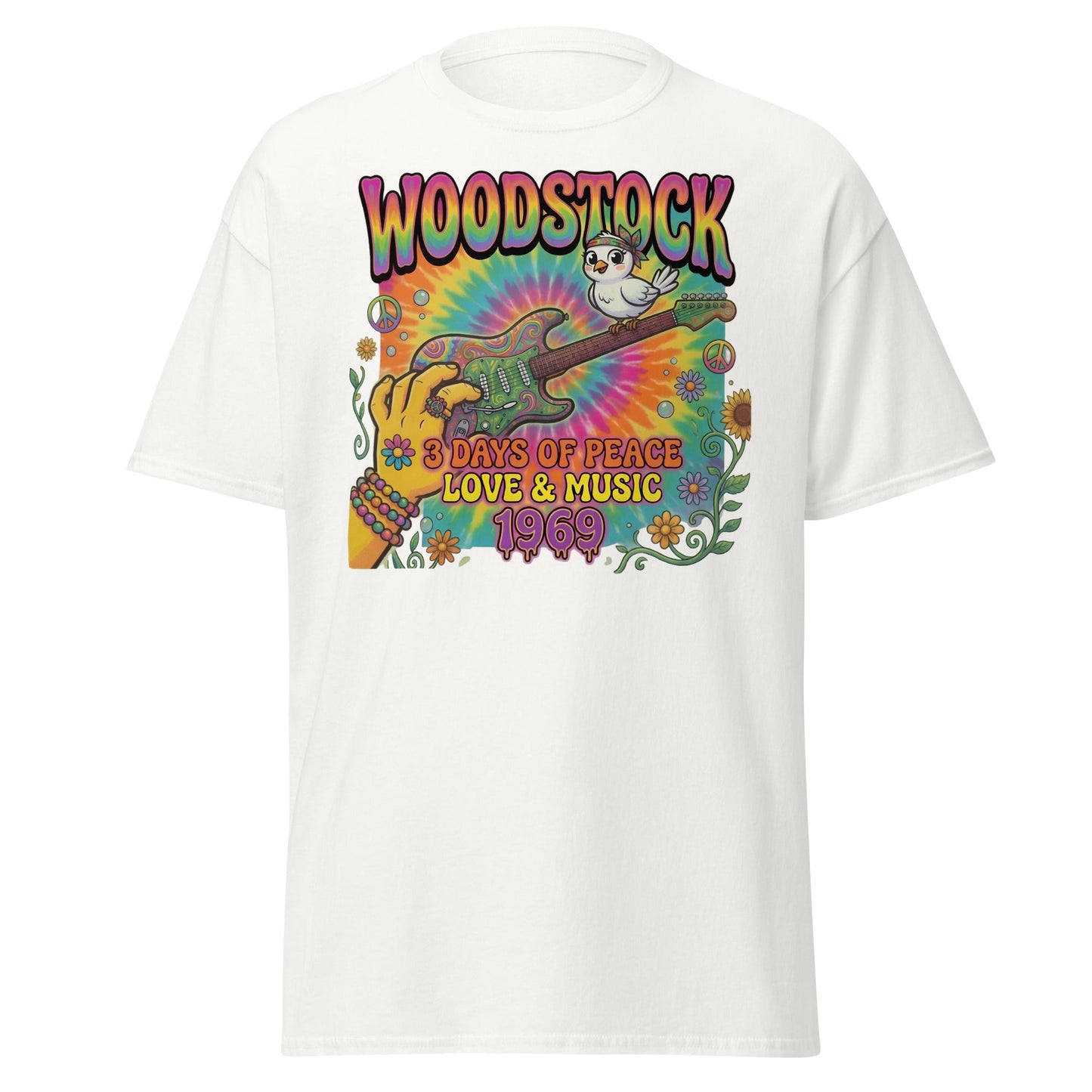 Woodstock 1969 T-Shirt - Psychedelic Bird Guitar Festival Tee - White - T-Shirts Online