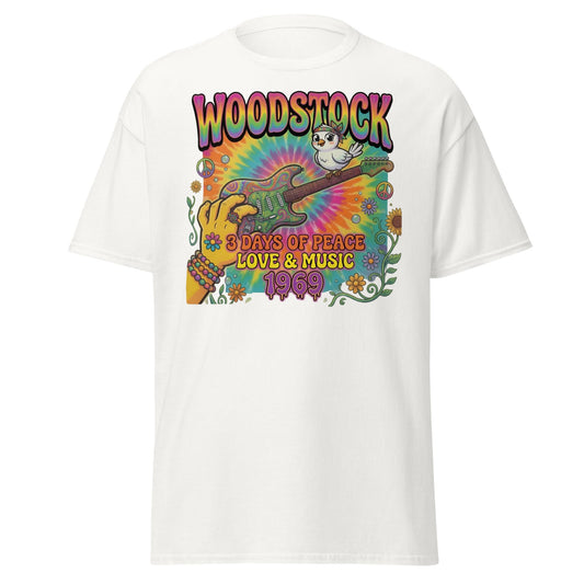 Woodstock 1969 T-Shirt - Psychedelic Bird Guitar Festival Tee - White - T-Shirts Online