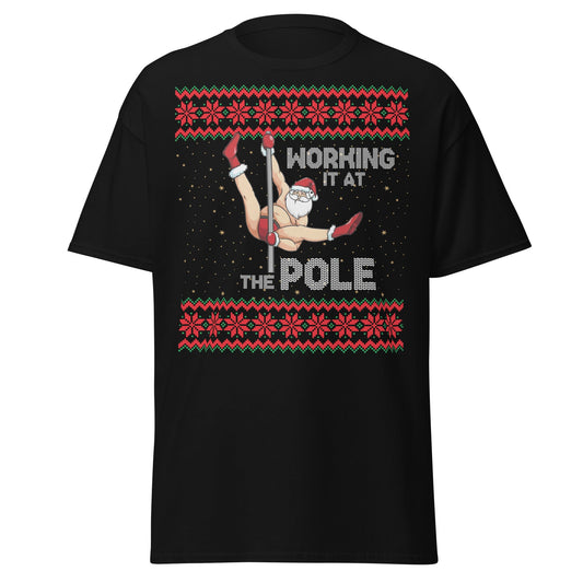 Working The Pole Funny Adult Christmas Sweater T-Shirt - Black - T-Shirts Online