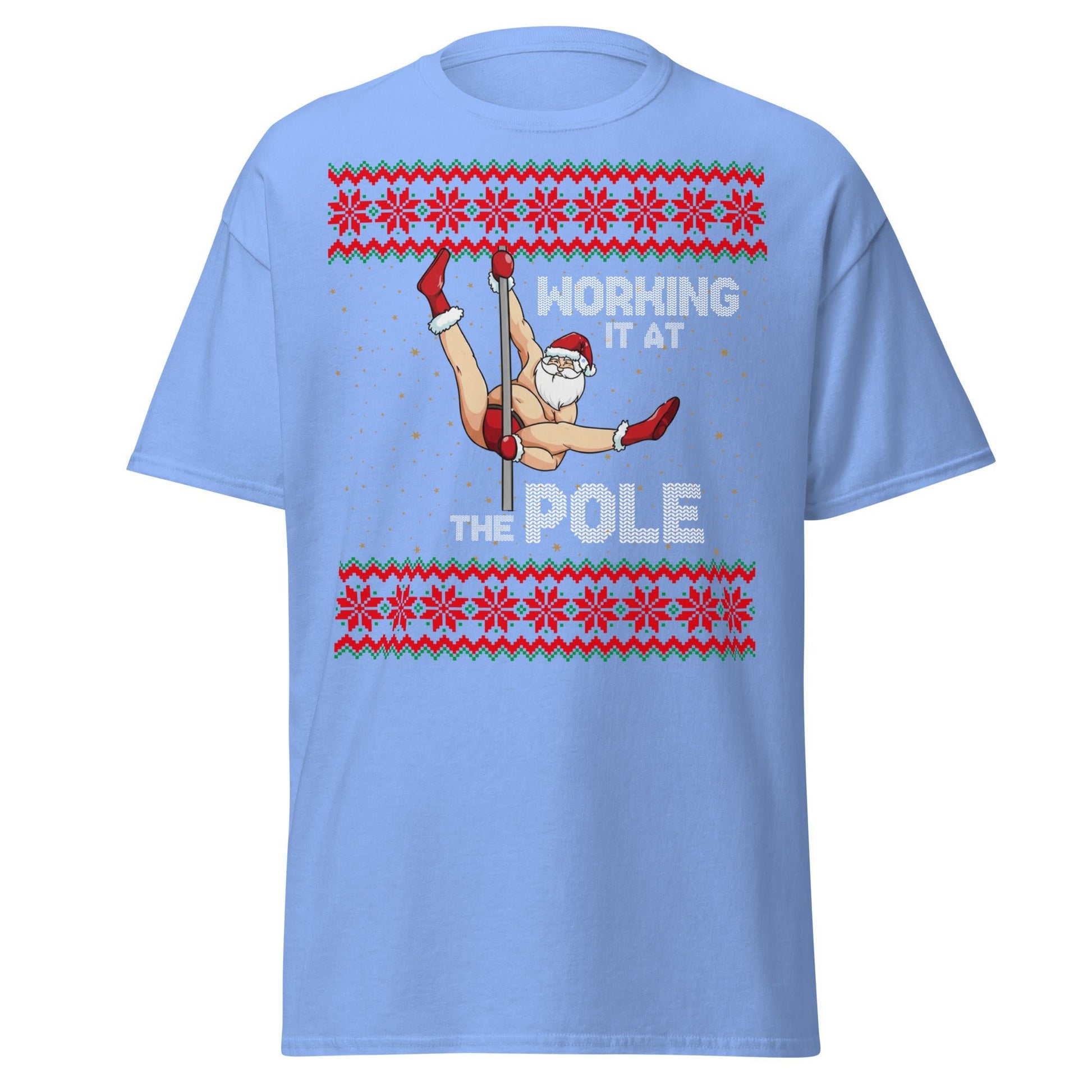Working The Pole Funny Adult Christmas Sweater T-Shirt - Carolina Blue - T-Shirts Online