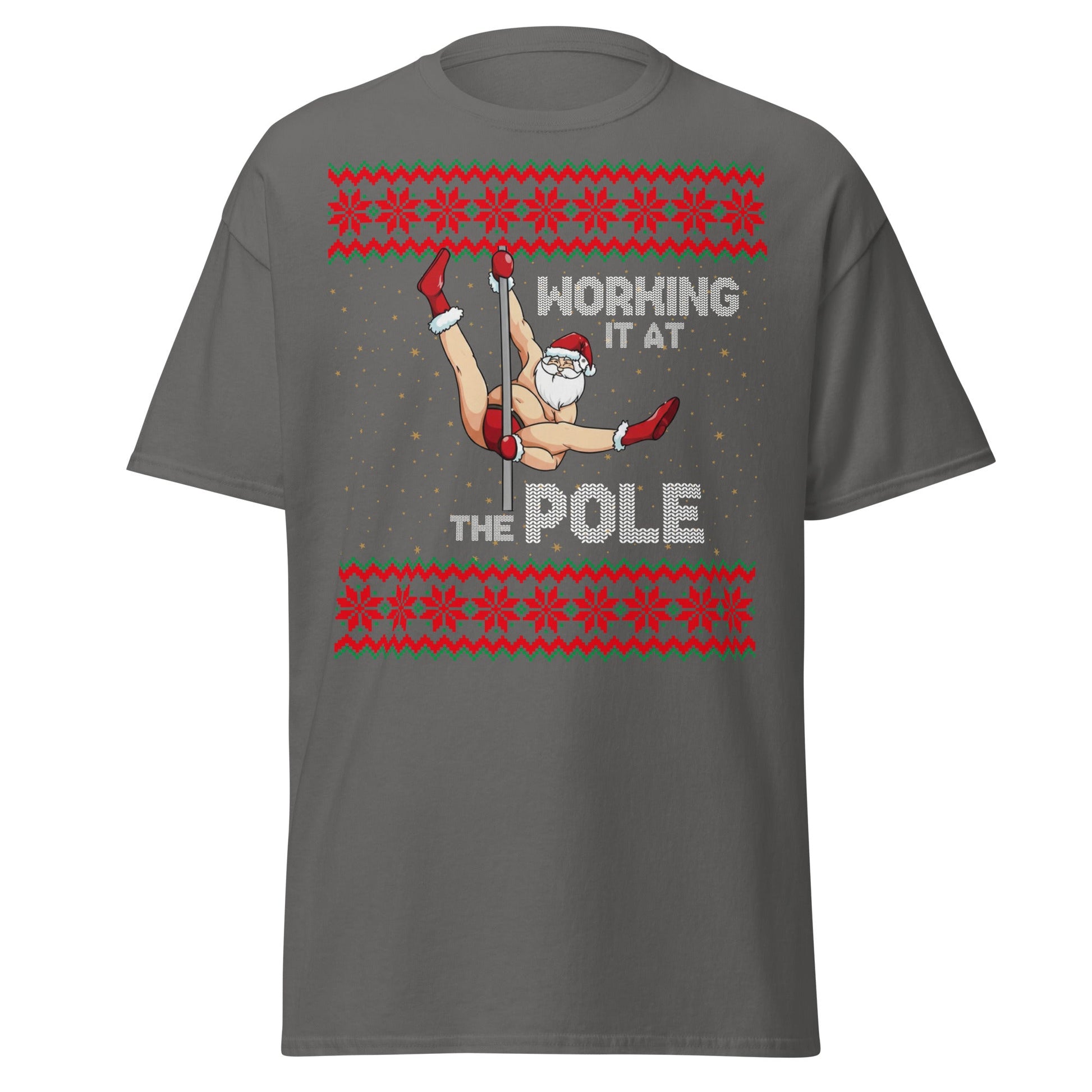 Working The Pole Funny Adult Christmas Sweater T-Shirt - Charcoal - T-Shirts Online