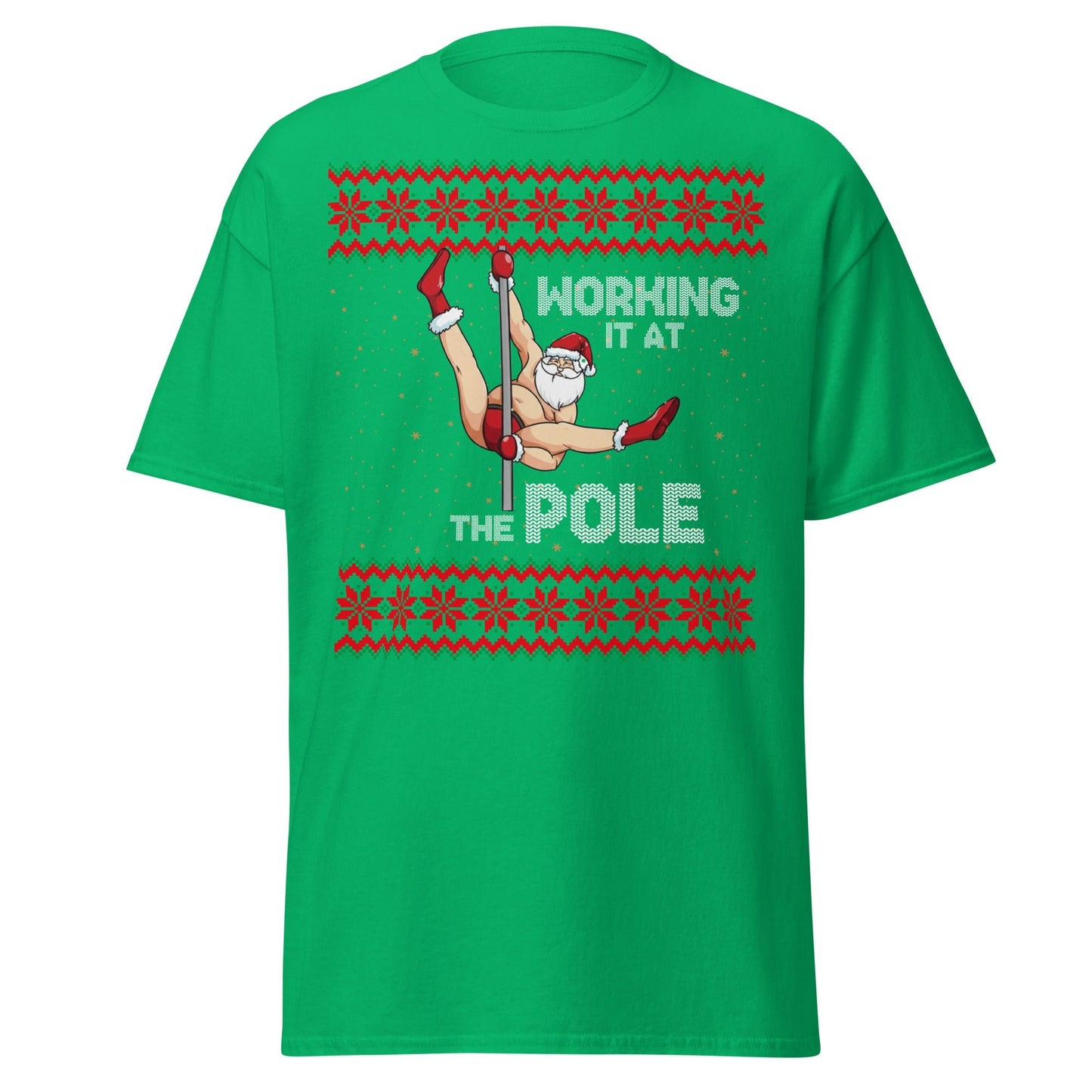 Working The Pole Funny Adult Christmas Sweater T-Shirt - Irish Green - T-Shirts Online
