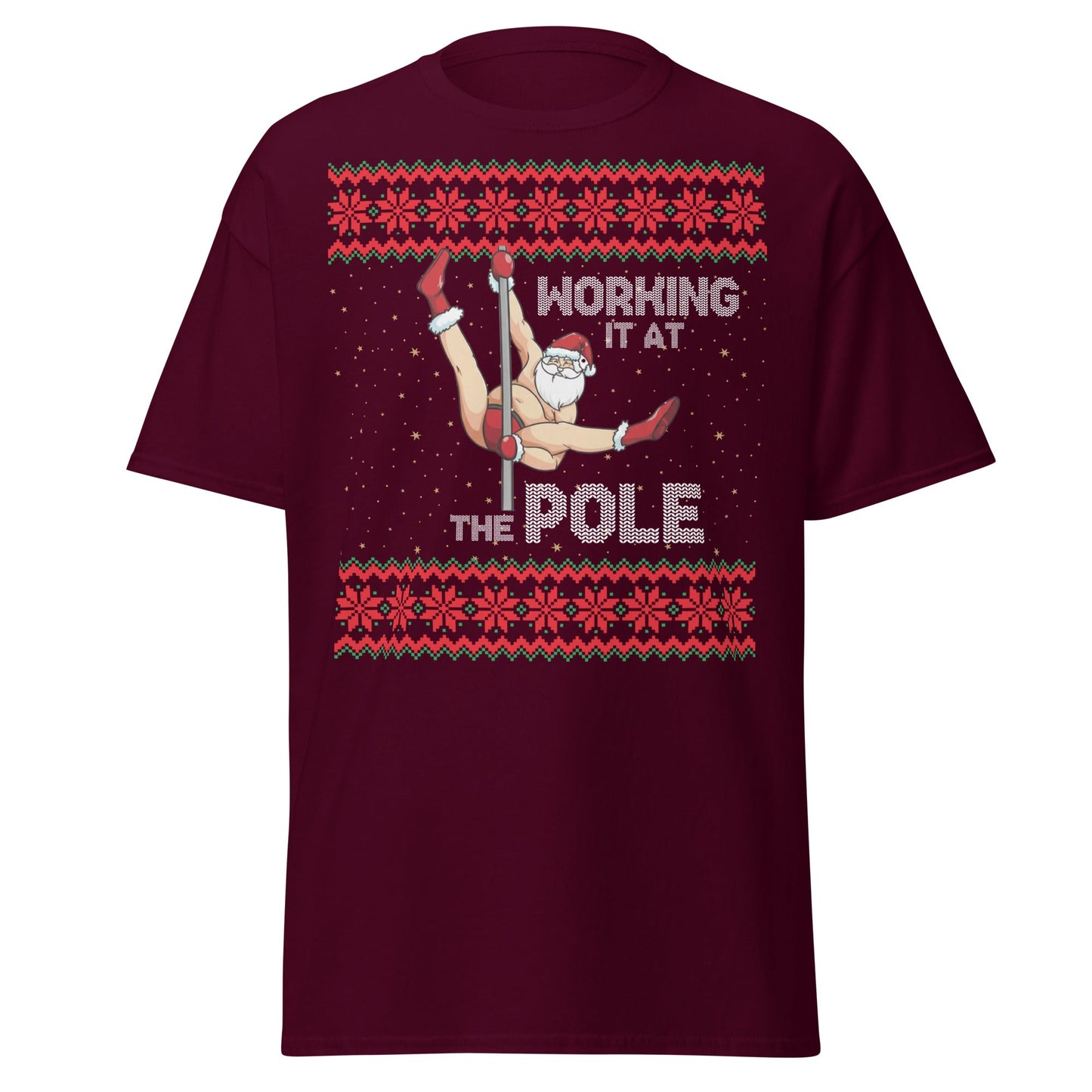Working The Pole Funny Adult Christmas Sweater T-Shirt - Maroon - T-Shirts Online