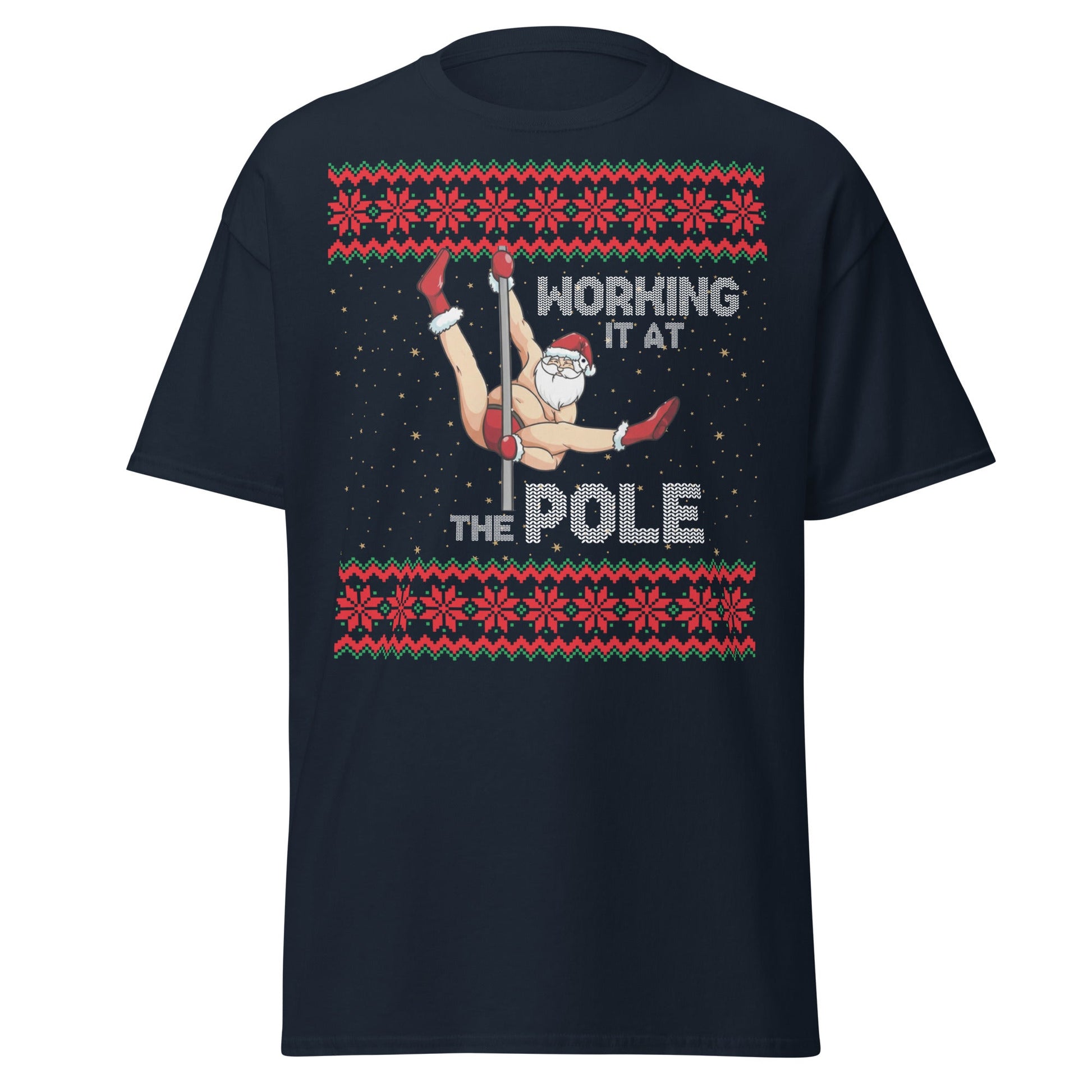 Working The Pole Funny Adult Christmas Sweater T-Shirt - Navy - T-Shirts Online