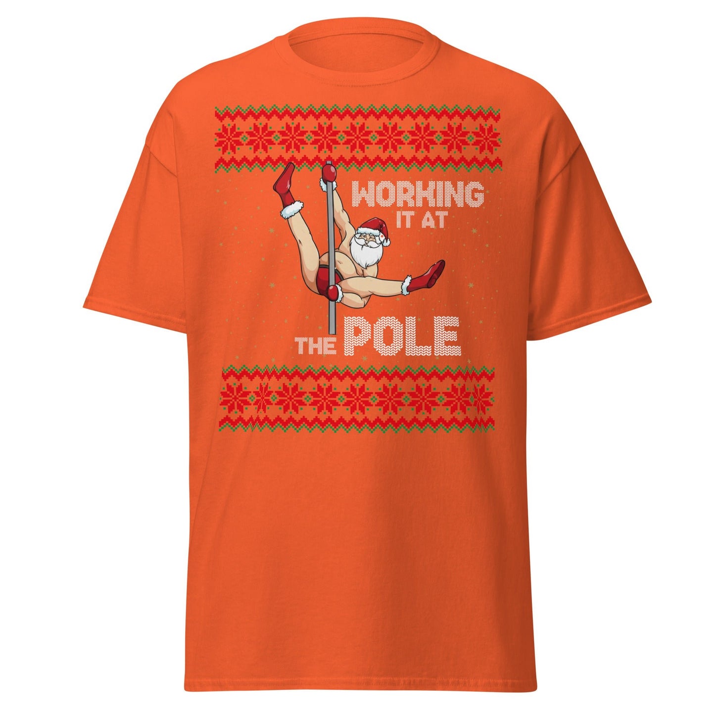 Working The Pole Funny Adult Christmas Sweater T-Shirt - Orange - T-Shirts Online