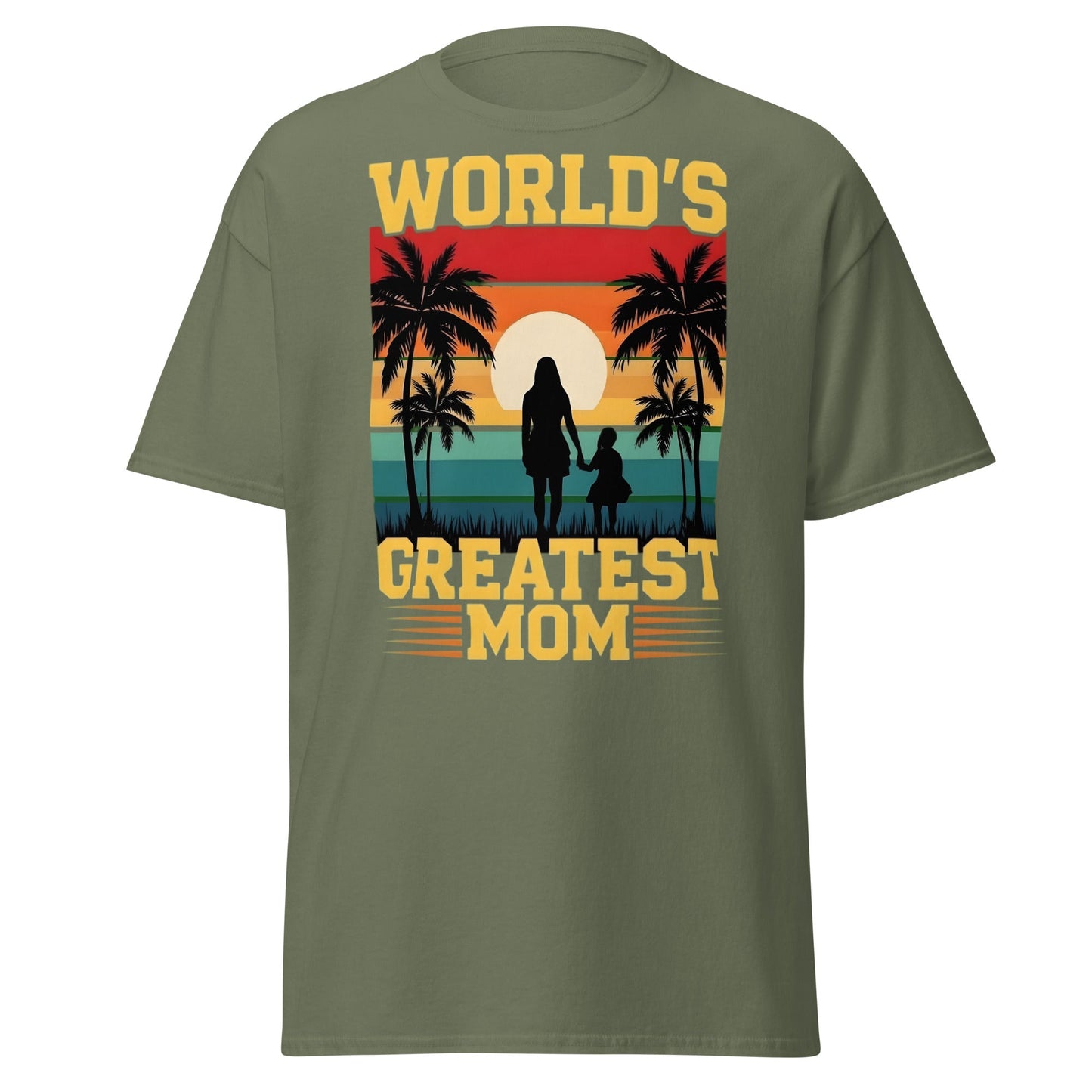 World's Greatest Mom Retro Sunset T-Shirt - Mother's Day Tee - Military Green - T-Shirts Online