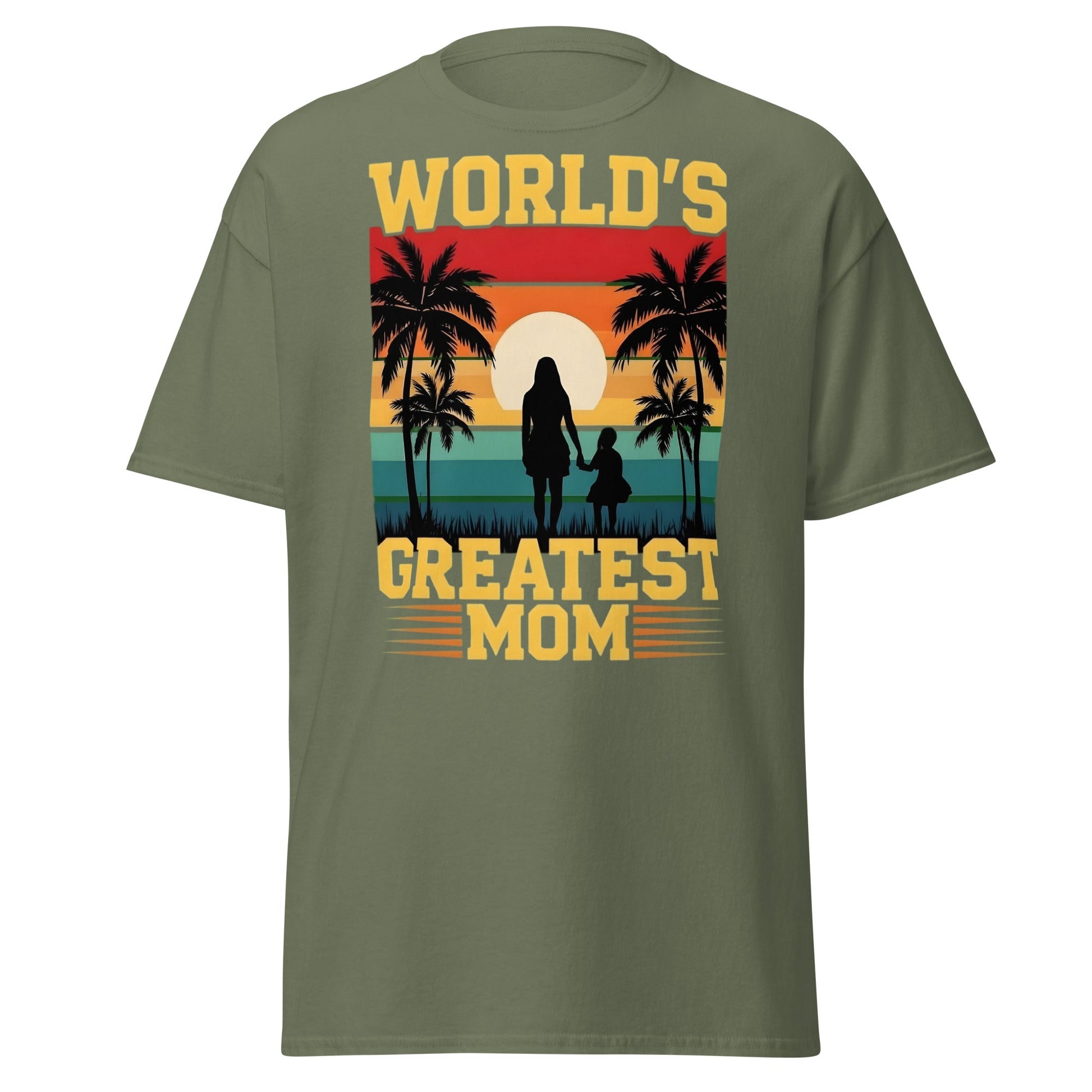 World's Greatest Mom Retro Sunset T-Shirt - Mother's Day Tee - Military Green - T-Shirts Online