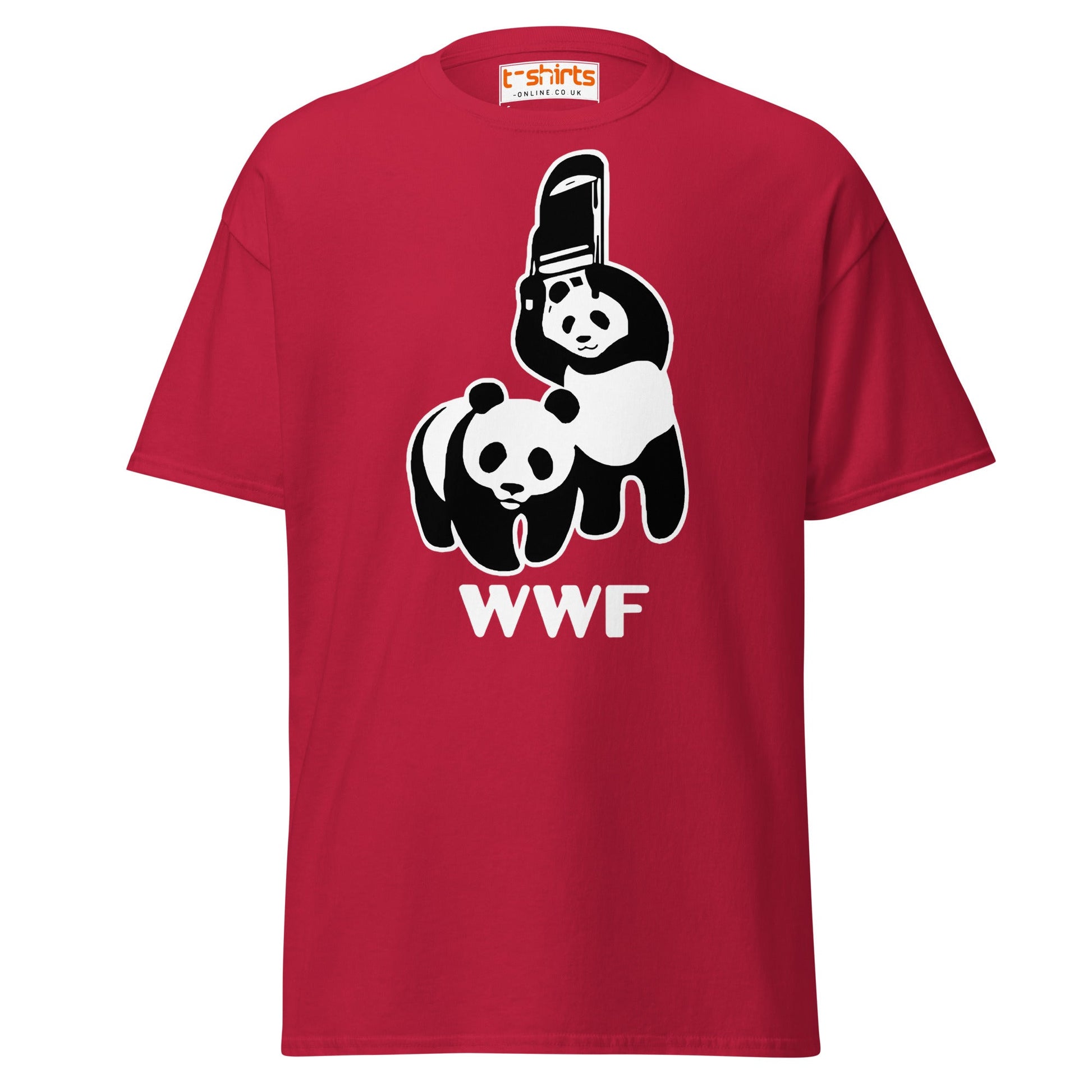 WWF Panda Chainsaw T-Shirt | Dark Humor Parody Tee - Cardinal - T-Shirts Online