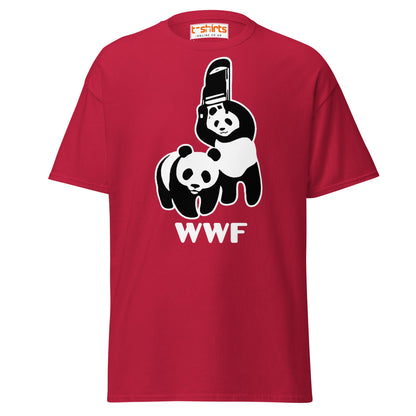 WWF Panda Chainsaw T-Shirt | Dark Humor Parody Tee - Cardinal - T-Shirts Online