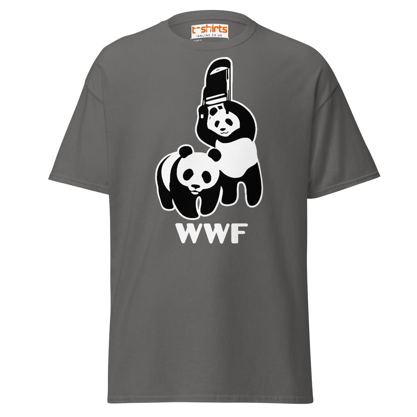WWF Panda Chainsaw T-Shirt | Dark Humor Parody Tee - Charcoal - T-Shirts Online