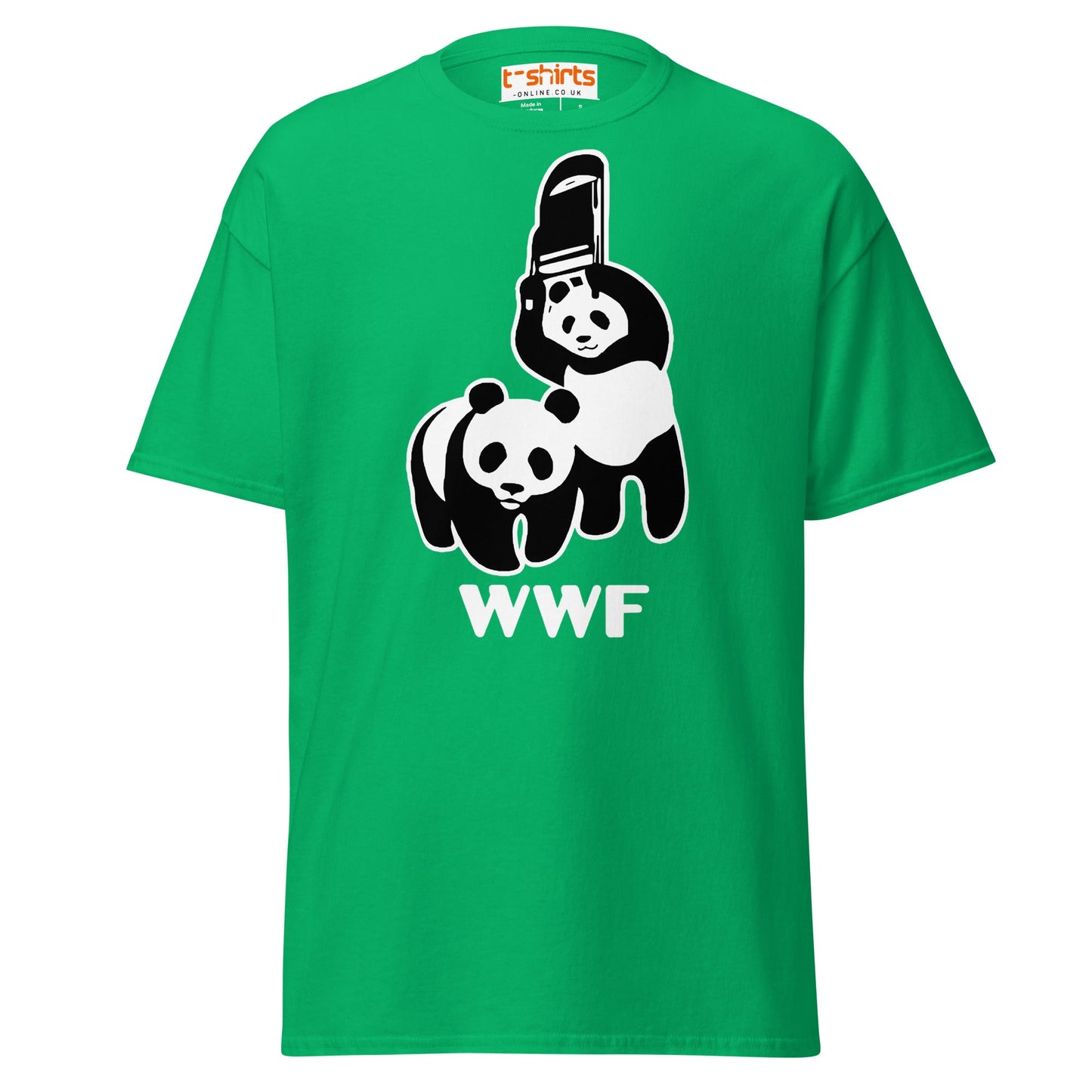 WWF Panda Chainsaw T-Shirt | Dark Humor Parody Tee - Irish Green - T-Shirts Online