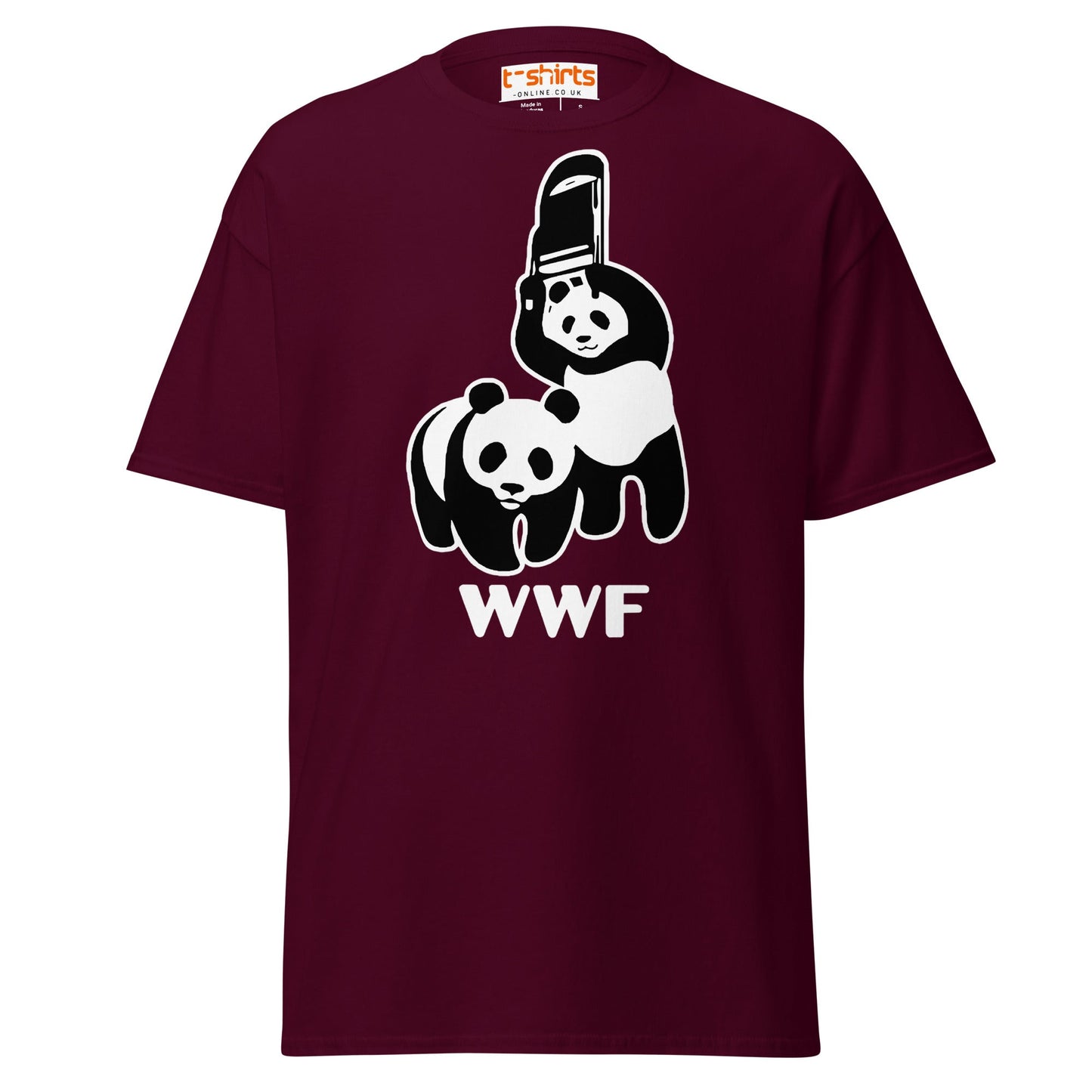 WWF Panda Chainsaw T-Shirt | Dark Humor Parody Tee - Maroon - T-Shirts Online