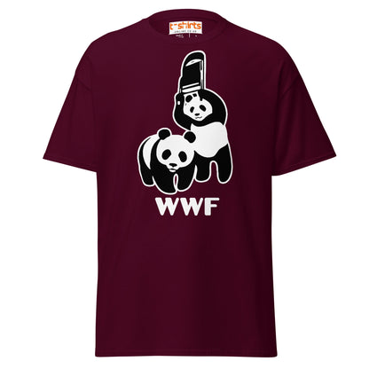 WWF Panda Chainsaw T-Shirt | Dark Humor Parody Tee - Maroon - T-Shirts Online