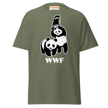 WWF Panda Chainsaw T-Shirt | Dark Humor Parody Tee - Military Green - T-Shirts Online