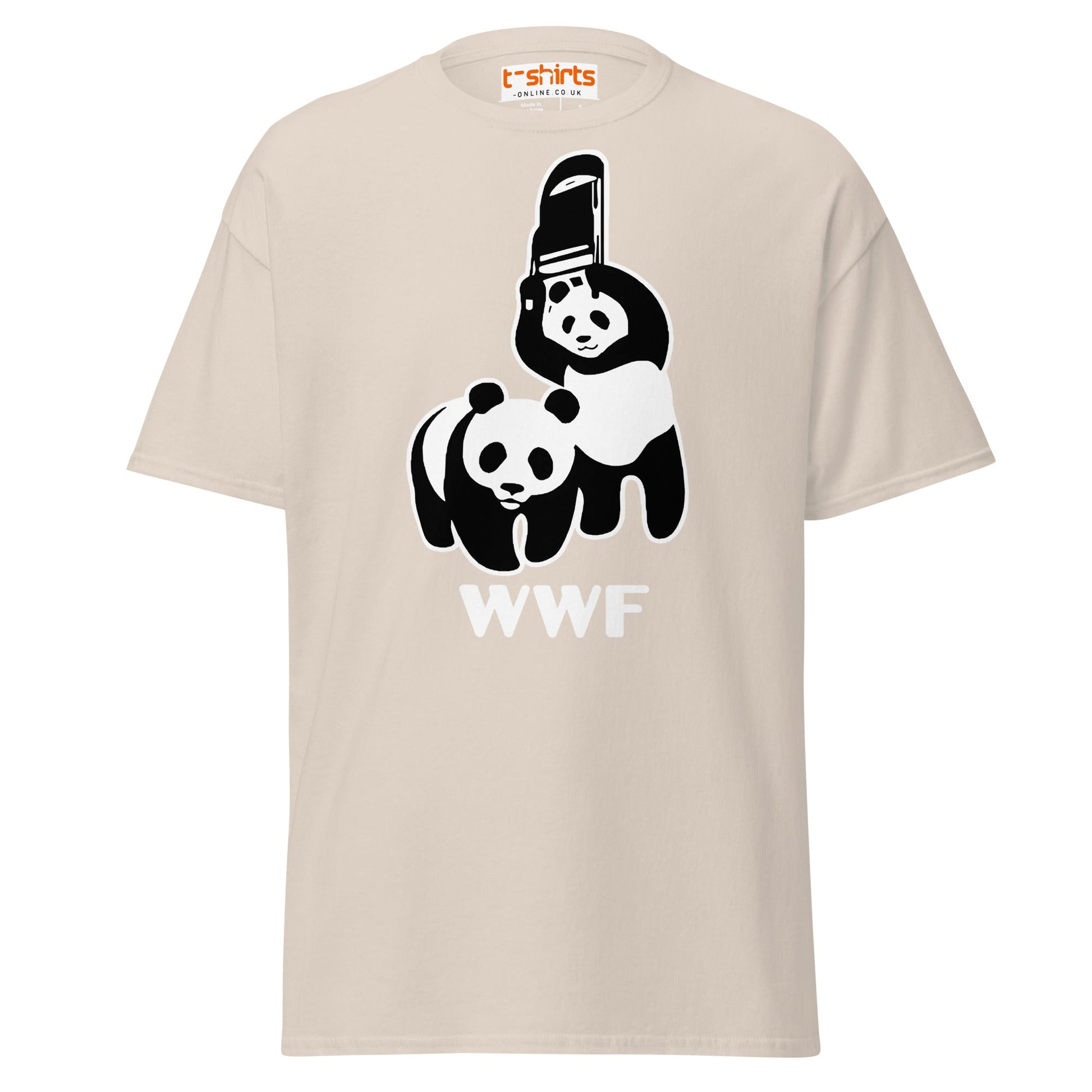 WWF Panda Chainsaw T-Shirt | Dark Humor Parody Tee - Natural - T-Shirts Online