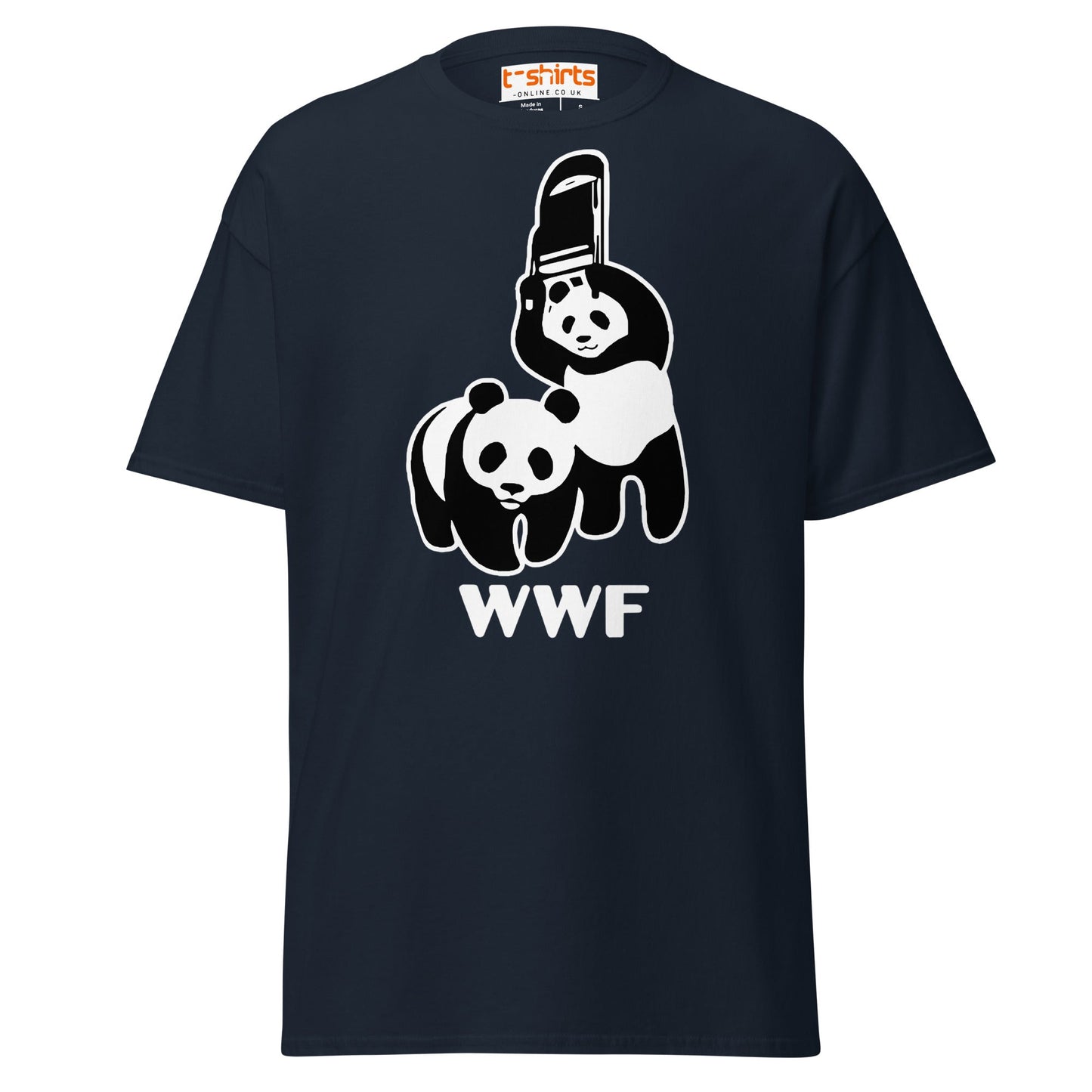 WWF Panda Chainsaw T-Shirt | Dark Humor Parody Tee - Navy - T-Shirts Online