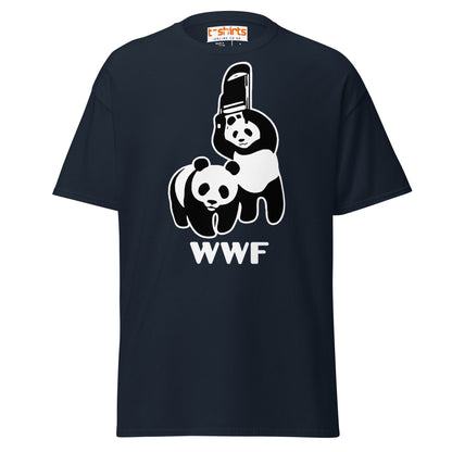 WWF Panda Chainsaw T-Shirt | Dark Humor Parody Tee - Navy - T-Shirts Online